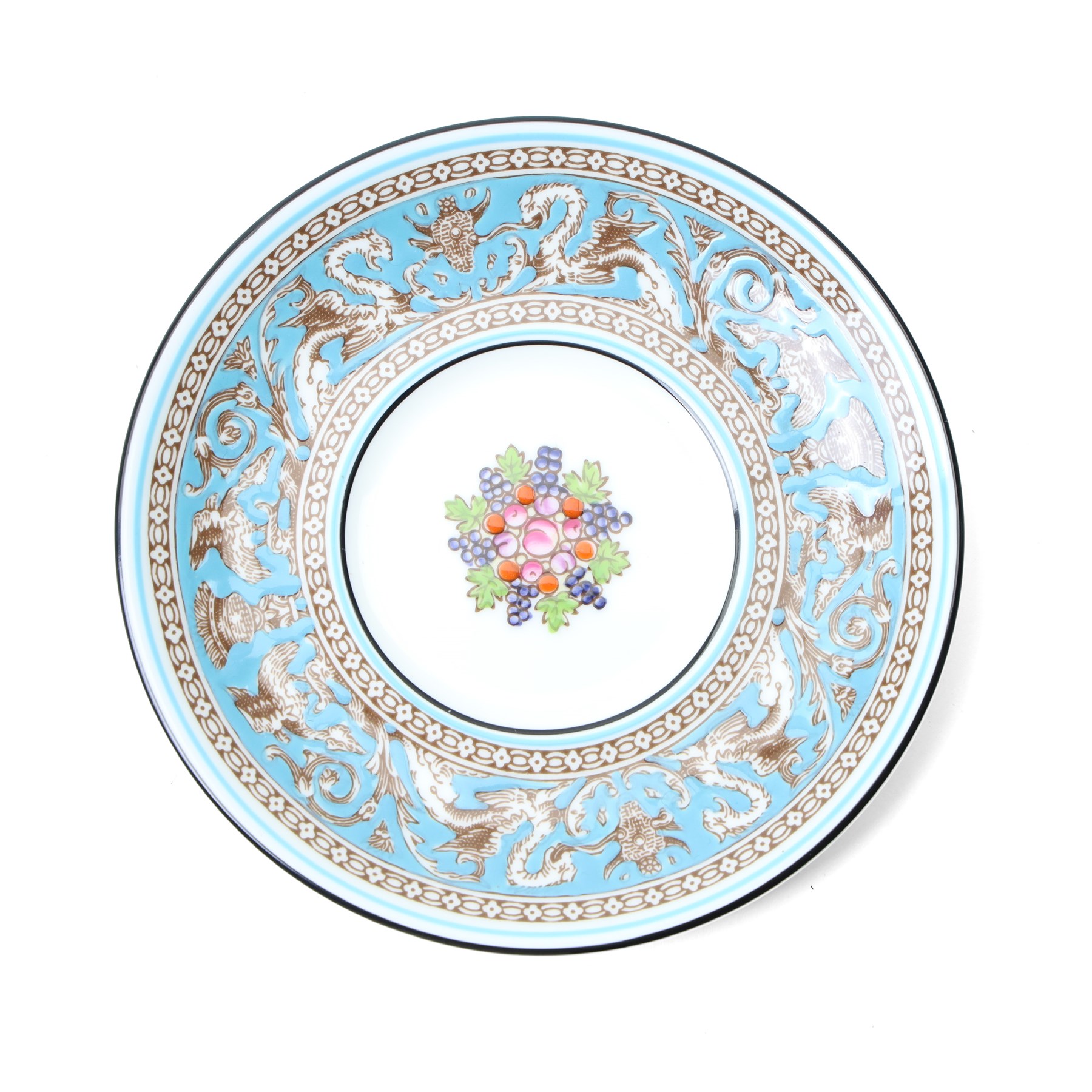 Extensive Wedgwood Turquoise Florentine part service tea, dinner and coffee service for six covers comprising six dinner plates, six dessert plates, six soup bowls and stands, pair of vegetable dishes and covers, gravy boat ad stand, oval meat plates, six tea cups and saucers, six coffee cans and saucers, six tea plates, teapot, coffee pot, sucrier and cover, sugar bowl, milk and cream jugs and cake plate, 72 pieces