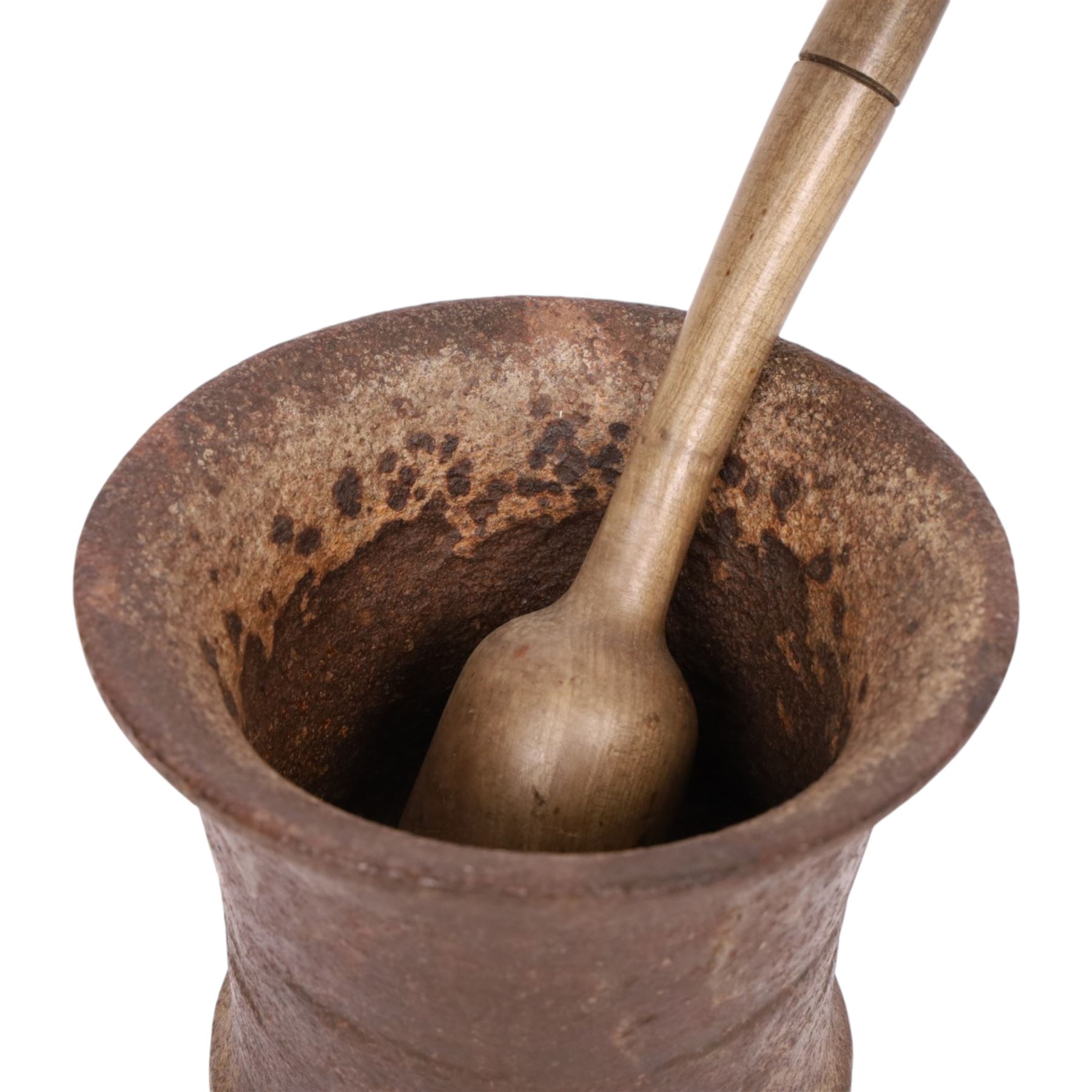 Early 19th century cast iron mortar, with turned wooden pestle, mortar H18, D23cm 