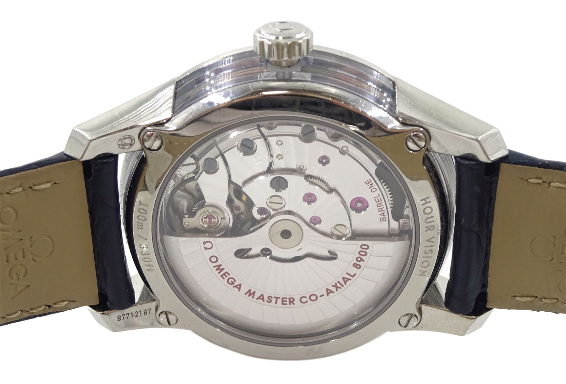 Omega De Ville Hour Vision gentleman's stainless steel automatic wristwatch, Cal. 8900, Ref. 433.33.41.21.03.001, serial No. 87712187, blue dial with date aperture, on original blue leather strap and stainless steel foldover clasp, boxed with papers and warranty card dated 2020