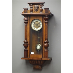  Early 20th century Vienna style wall clock, twin train movement striking on coil, H86cm  