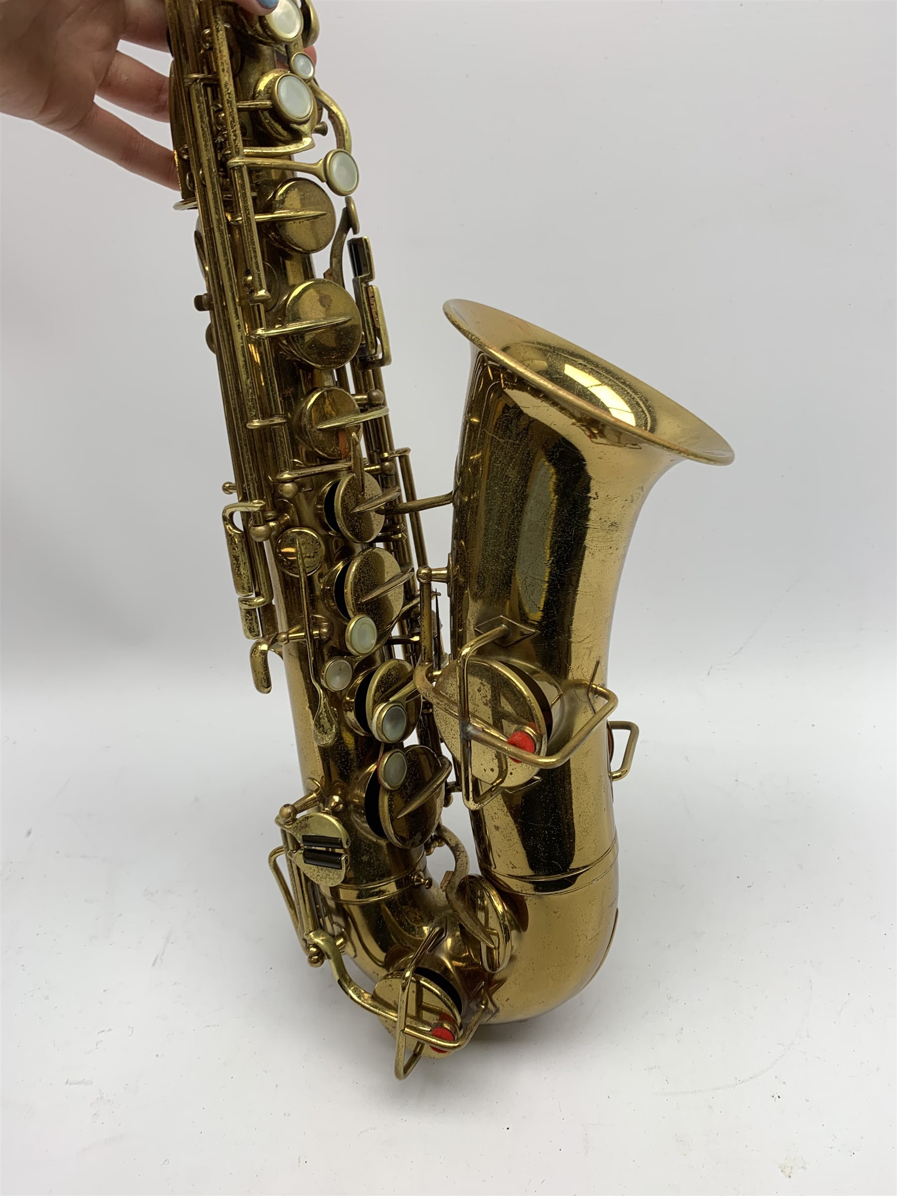 Elkhart 'The Buescher' True-Tone Low Pitch alto saxophone, serial no.147605, in Hiscox Liteflite carrying case with crook