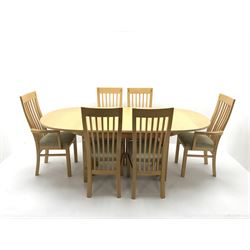 Oval maple extending dining table, moulded top, square supports (W214cm, H77cm, D104cm) and set six (4+2) dining chairs upholstered seat, square supports (W55cm) 
