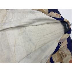 1930s Japanese fully lined kimono decorated with Japanese naval vessels and bi-planes, Japanese, American and British flags and dated 1935; looks to be child's size