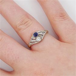 14ct gold milgrain set, two stone round cut diamond and sapphire ring, with pierced design shoulders, set with diamonds, stamped 585