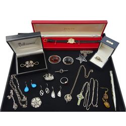 Silver and stone set silver jewellery including jet brooches, pair of turquoise pendant earring, fairy pendant necklace, amber brooch, carnelian ring, all stamped or hallmarked, a Yard O Led rhodium plated propelling pencil and a Zenith ladies gold-plated manual wind wristwatch