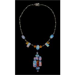 Silver opal doublet and orange paste stone abstract necklace, with flower clasp, the opals mounted onto mixed stones and a similar brooch