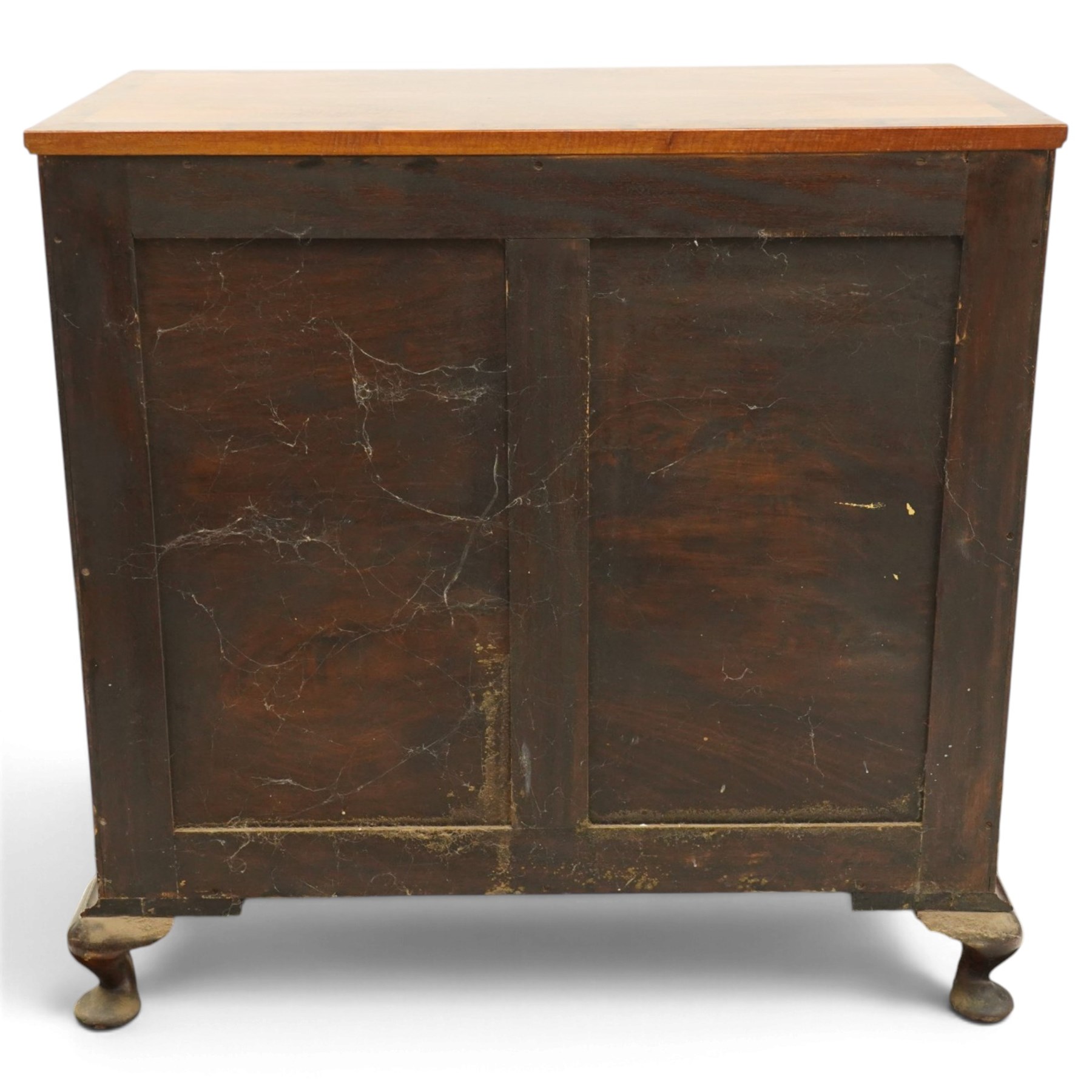 Early 20th century figured walnut chest, rectangular top with burr crossbanding, fitted with two short over three long drawers with brass drop-handles, lower moulded edge over shell-carved cabriole feet