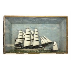 Ship Diorama, three-masted clipper at sea against a painted background, H52cm, L87cm