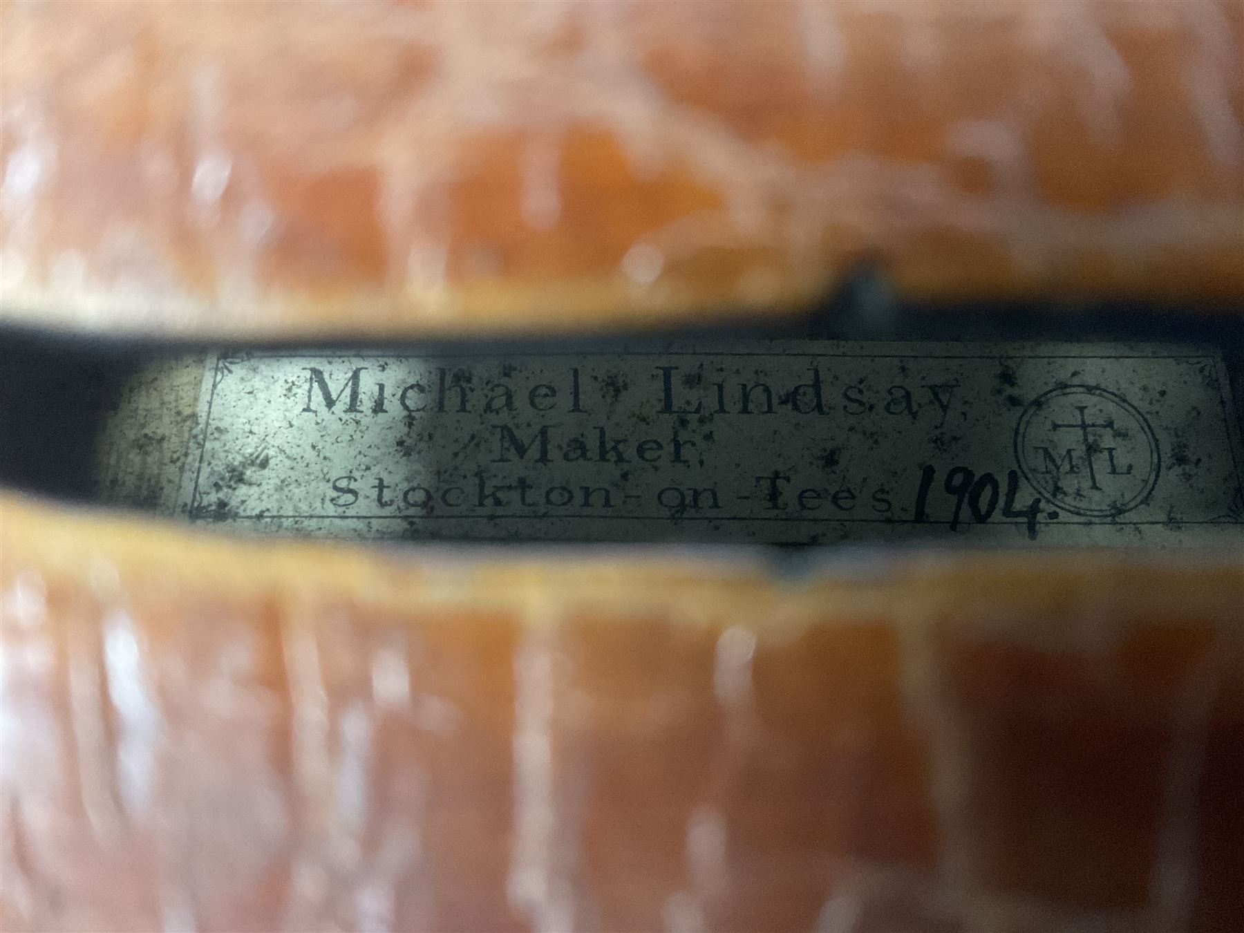Michael Lindsay of Stockton-on-Tees violin, dated 1904 on the label and stamped on the neck, full length 60cm In a later soft case