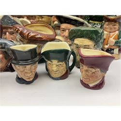 Large collection of Royal Doulton character jugs, to include Robinson Crusoe D6532, Tam O Shanter D6632, The Falconer D6533 etc, together with similar charater jugs and toby jugs   