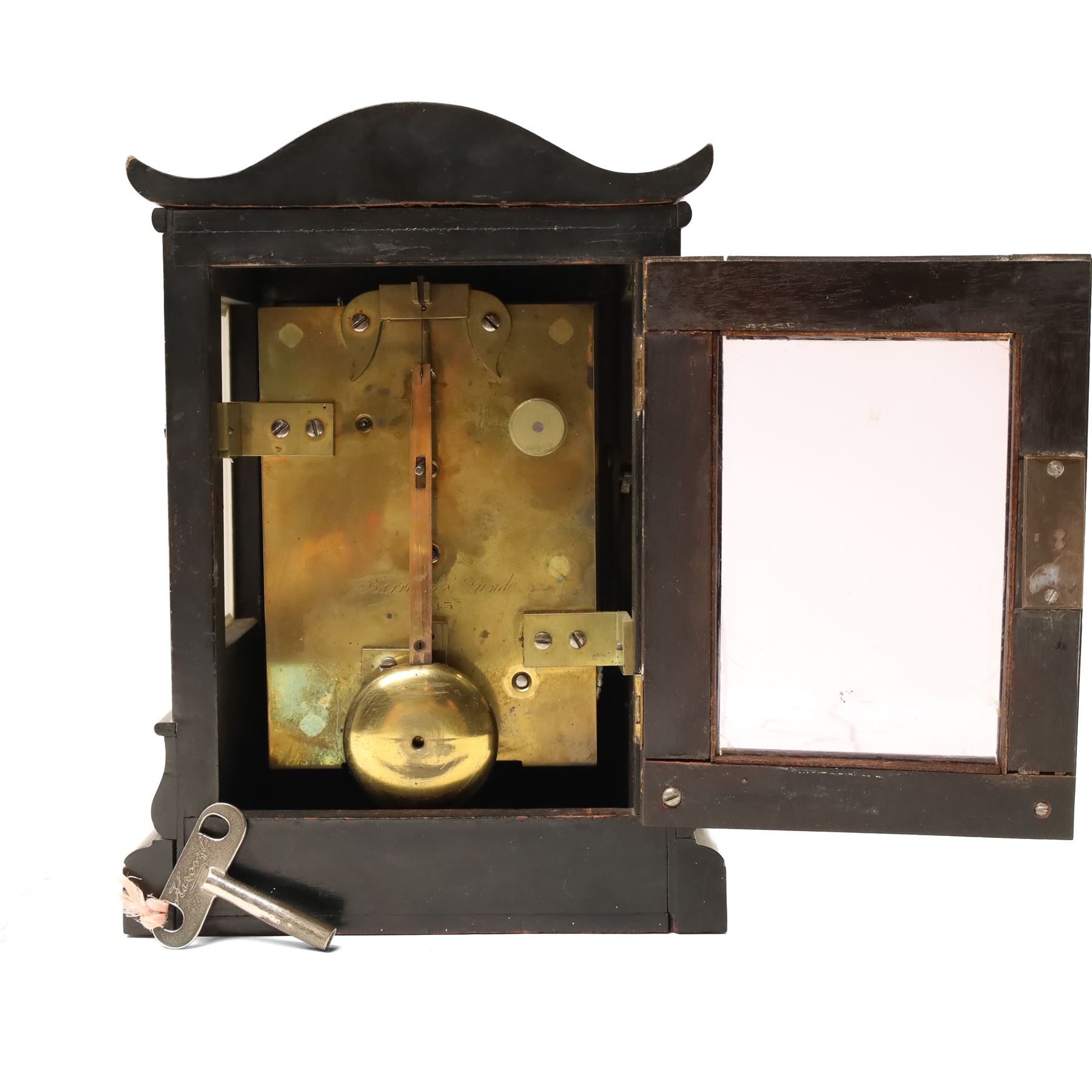 Early Victorian mantel clock, the brass dial inscribed Barraud and Lund, Cornhill, London, No 1543 with chain fusee, plain brass back plate in ebonised case with serpentine top H23cm