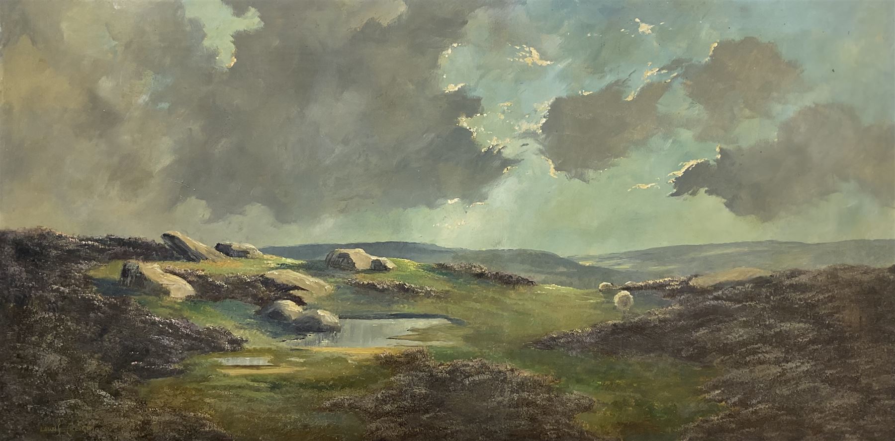 Lewis Creighton (British 1918-1996): Expansive Landscape with Heather, oil on board signed 61cm x 122cm (unframed)