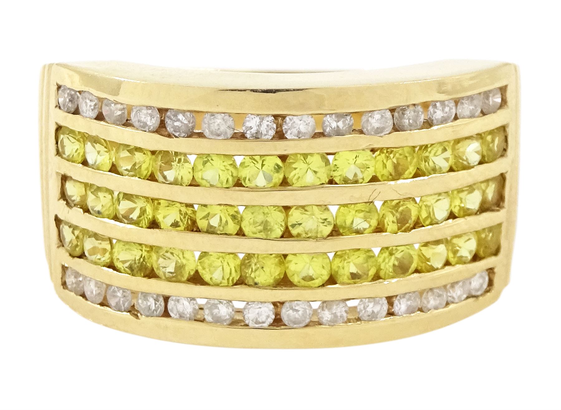 14ct sapphire and diamond half eternity ring, channel set with two rows of round brilliant cut diamonds, spaced by three rows of round cut yellow sapphires, hallmarked, total sapphire weight approx 1.45 carat, total diamond weight approx 0.30 carat
