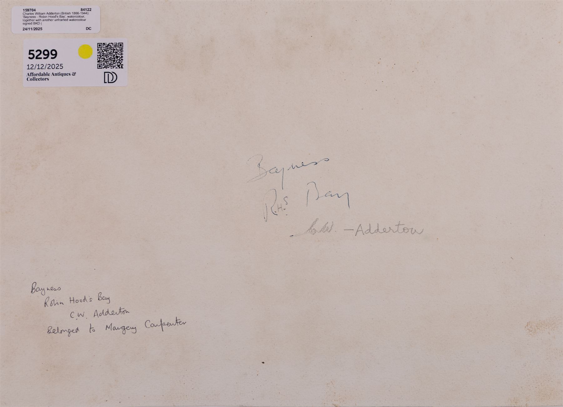 Charles William Adderton (British 1866-1944): 'Bayness - Robin Hood's Bay', watercolour, signed and titled verso 25cm x 34cm (unframed)