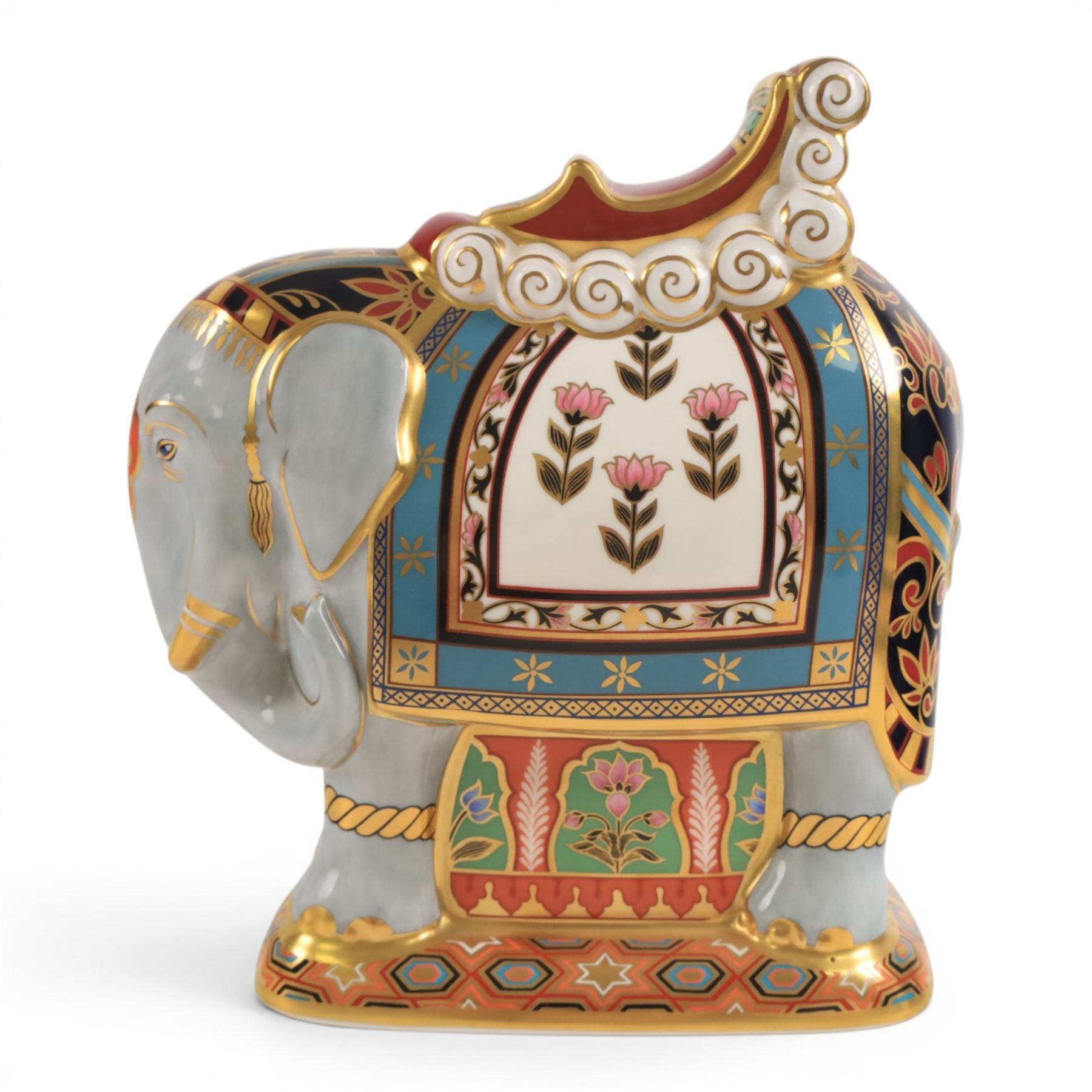 Royal Crown Derby paperweight, Large Indian Elephant made for Mulberry Hall, with gold stopper, limited edition 54/500 with certificate and original box, H20cm