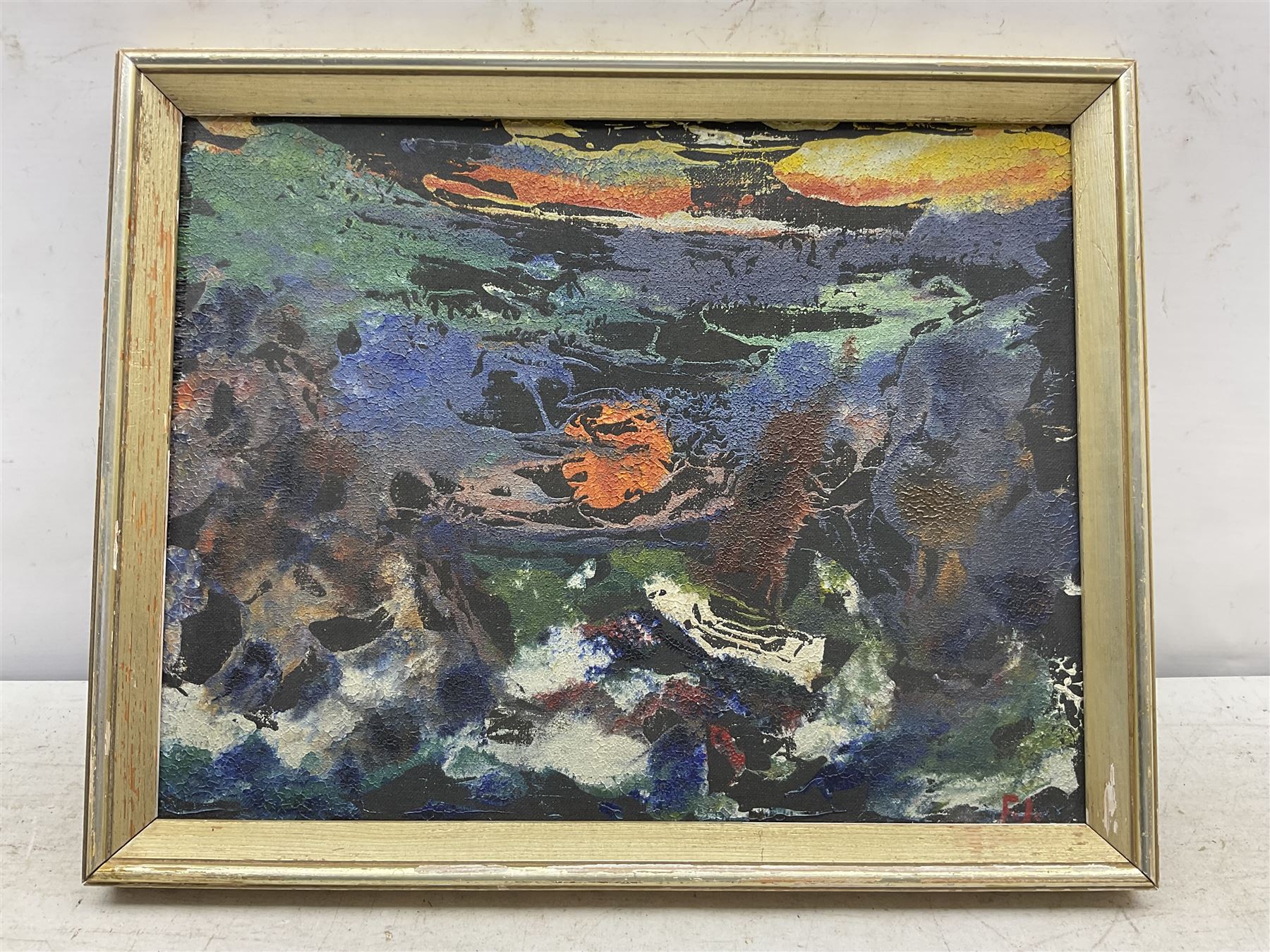 Finn Johansen (Danish 1942-2006): 'Nonfigurative Composition', oil on board signed with initials, information attached verso 30cm x 39cm