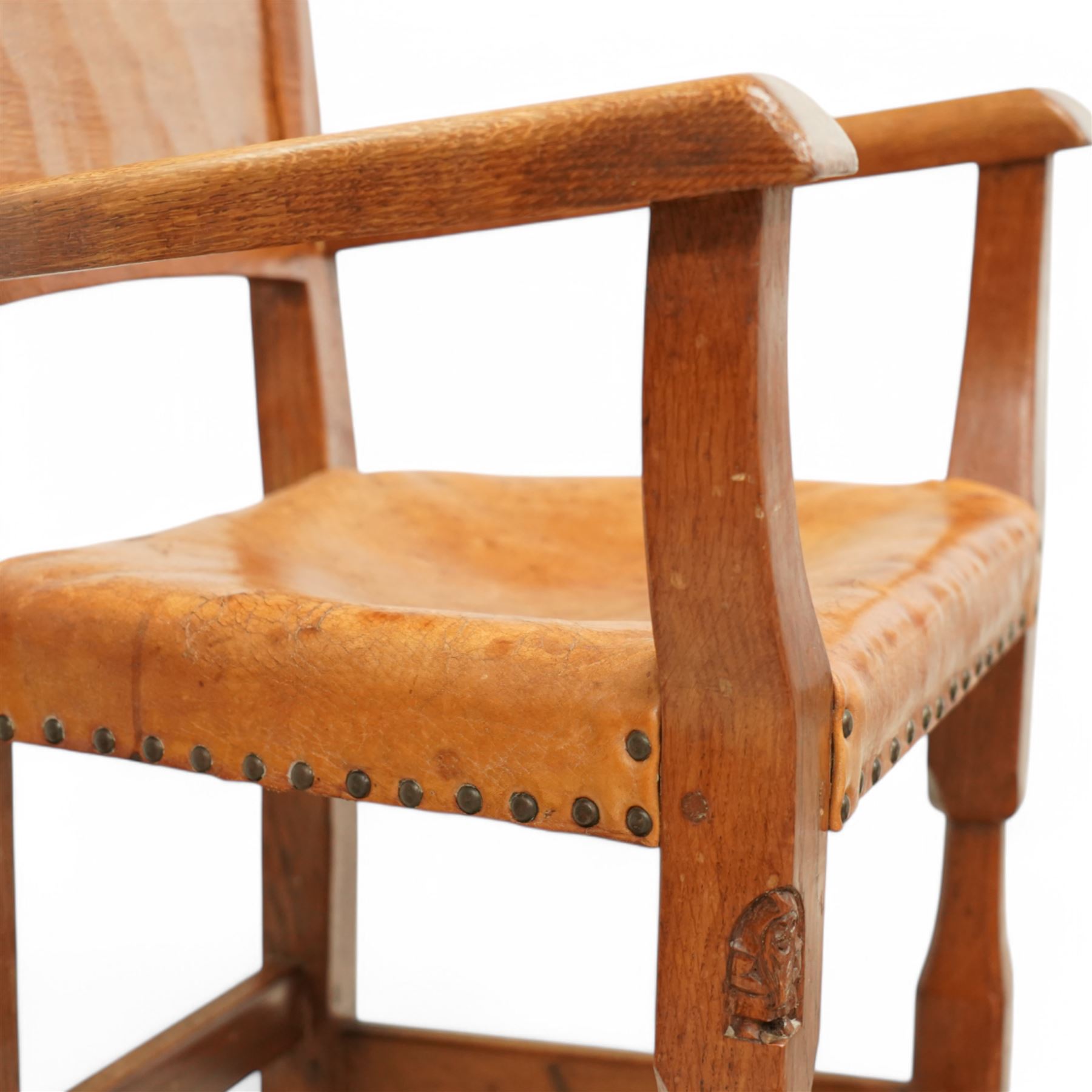 Gnomeman - set of six (4+2) oak dining chairs with panelled backs, by Thomas Whittaker, Littlebeck, Whitby