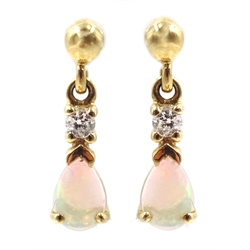  Pair of 9ct gold opal and diamond pendant earrings, hallmarked  