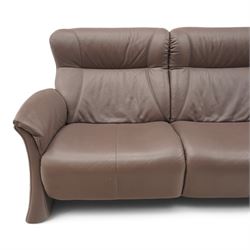 Himolla - ‘Cumuly’ lounge suite upholstered in deep aubergine leather, comprising two-seat sofa with high padded back, shaped arms and panelled upholstery (W 161cm, D 82cm, H 93cm), and three-seat sofa conforming (W 200cm, D 82cm, H 93cm)