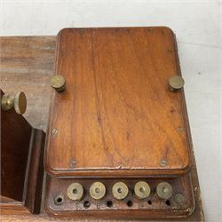 Railway signal boxes, mounted on plinth, with railway block indicators for Up Line and Down Line, having an electromagnetic indicator showing 'Train on Line' 'Line Clear' and 'Line Blocked', and brass signal bell to the centre, L100cm