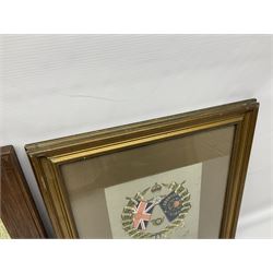 WW1 chromolithograph print of a battle scene with French and German soldiers in a wood, entitled 'De Wereldoorlog 1914-18 Slag Van Houthulst' 35 x 49cm, oak frame; and a framed WW1 regimental testimonial to 49744 Pte. E. Jagger KOYLI, gilt frame (2)
