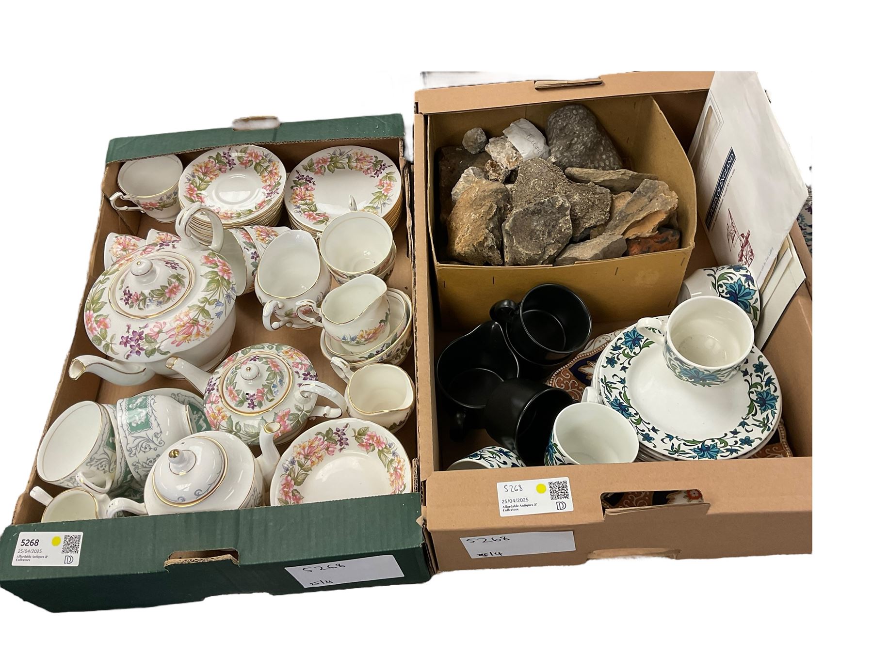 Coalport Revelry Adams Grean teapot, milk jug cups and saucers, together with Midwinter tea wares, Paragon and other ceramics, in six boxes  