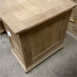 20th century pine twin pedestal desk, rectangular top over three drawers and two cupboards, enclosed by panelled doors, on turned feet - THIS LOT IS TO BE COLLECTED BY APPOINTMENT FROM THE OLD BUFFER DEPOT, MELBOURNE PLACE, SOWERBY, THIRSK, YO7 1QY