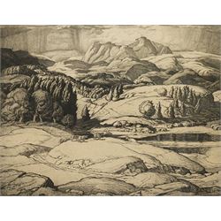 Philip Leslie Moffat Ward (British 1888-1978): 'The Langdales from Tarn Hows', monochrome ...