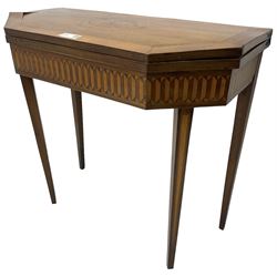 19th century inlaid mahogany card table, rectangular fold-over top with canted front corners, decorated with banded and strung edge with central inlaid fan motif, frieze decorated with geometric inlay, over a single action gate-leg base with square tapering supports