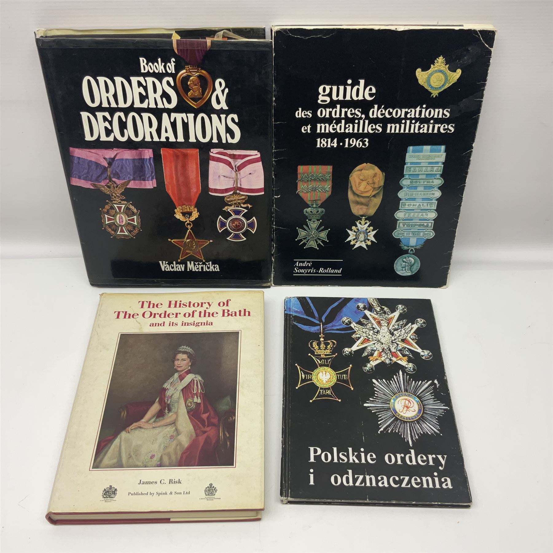 Five reference books on medals and orders including Vaclav Mericka: Book of Orders and Decorations; Polskie ordery i odznaczenia; James C. Risk: The History of the Order of the Bath; Guide des ordres, decorations et medailles militaires 1814-1963; etc; together with two works on Cornish Military Insignia; and Insignes De la Legion Etrangere (8)