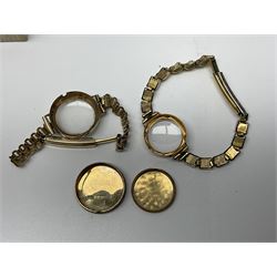 Victorian and later 9ct gold jewellery including glazed photo pendant, three gold cased wristwatches, signet ring and a cameo brooch, all hallmarked and silver jewellery including fobs, wristwatch, brooches and rings etc 
