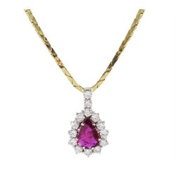 18ct white and yellow gold pear shaped ruby and round brilliant cut diamond cluster pendant necklace, stamped 750, ruby approx 1.25 carat, total diamond weight approx 1.50 carat