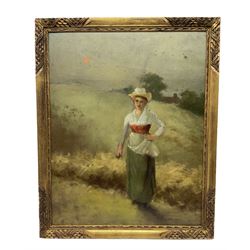 English School (19th century): Country Girl at Dawn, oil on board unsigned, verso William Joseph Boyes (British 1871-1919): 'Woman Feeding Chickens', watercolour signed and dated 1891, 50cm x 39cm