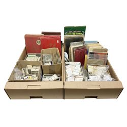 Quantity of cigarette and trade cards, housed in albums and loose, by W.D. & H.O. Wills, John Player & Sons etc, including cycling, garden hints, Britain's railways, dogs etc and various empty vintage cigarette card albums, in two boxes