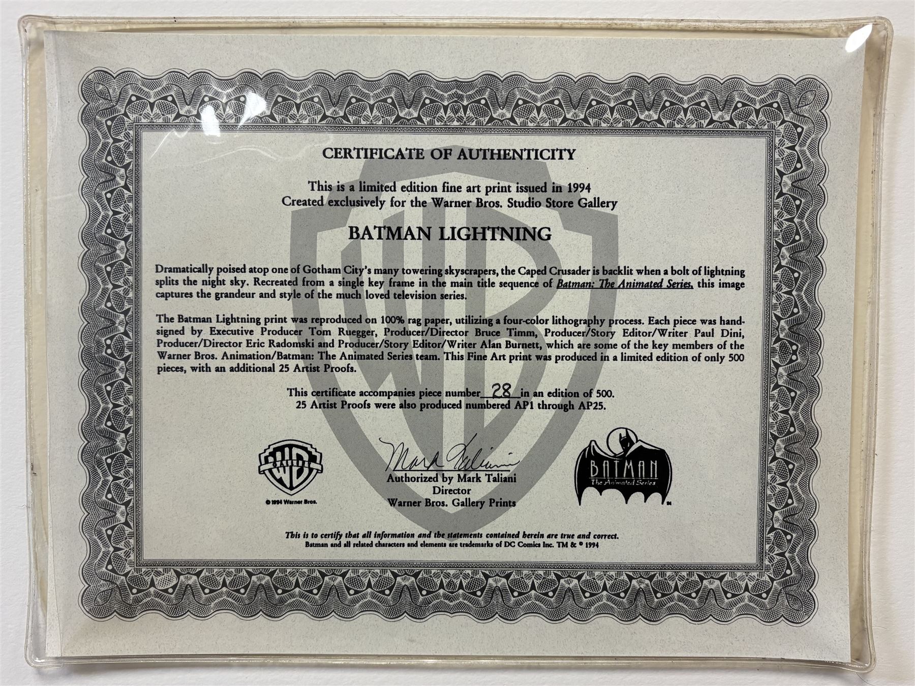 Limited edition ‘Batman Lightning’ Batman Animated Series framed print, signed by the voice actors, limited edition no 28/500, H77cm including frame