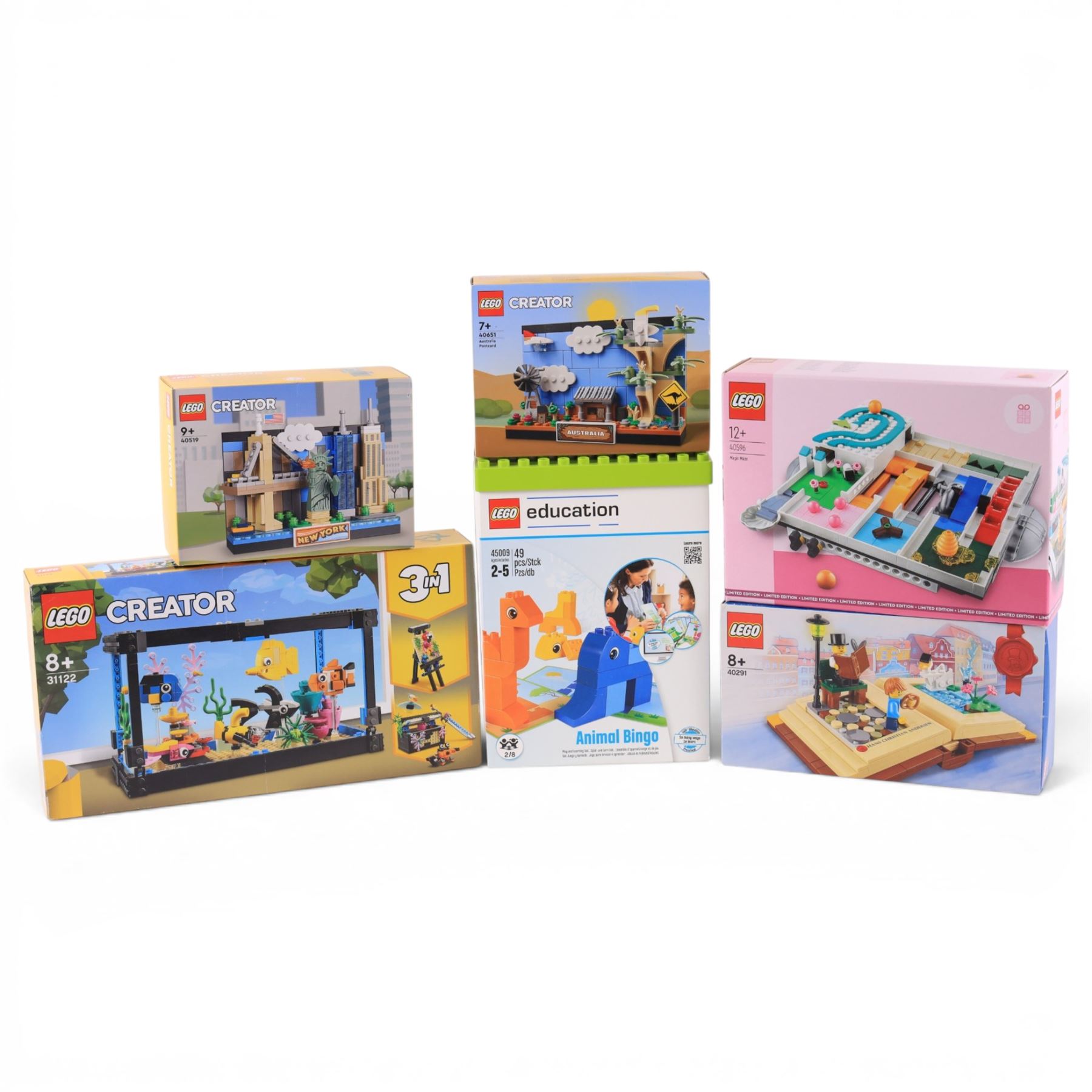Six Lego sets, comprising Lego Education Animal Bingo no. 45009, Magical Maze no. 40596, Creator 3 in 1 no. 31122, Creative Personalities Hans Christian Andersen no. 40291, Creator Australia Postcard no. 40651 and Creator New York Postcard no. 40519, all boxed