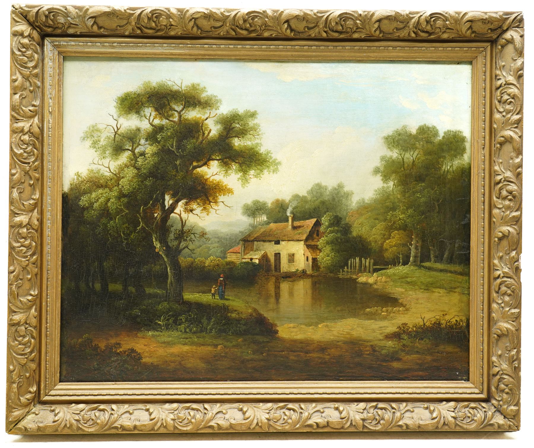 Circle of Patrick Naysmith (British 1787-1831): Figures by a Lakeside Cottage, oil on panel unsigned, red wax collector’s seal verso 35cm x 44cm