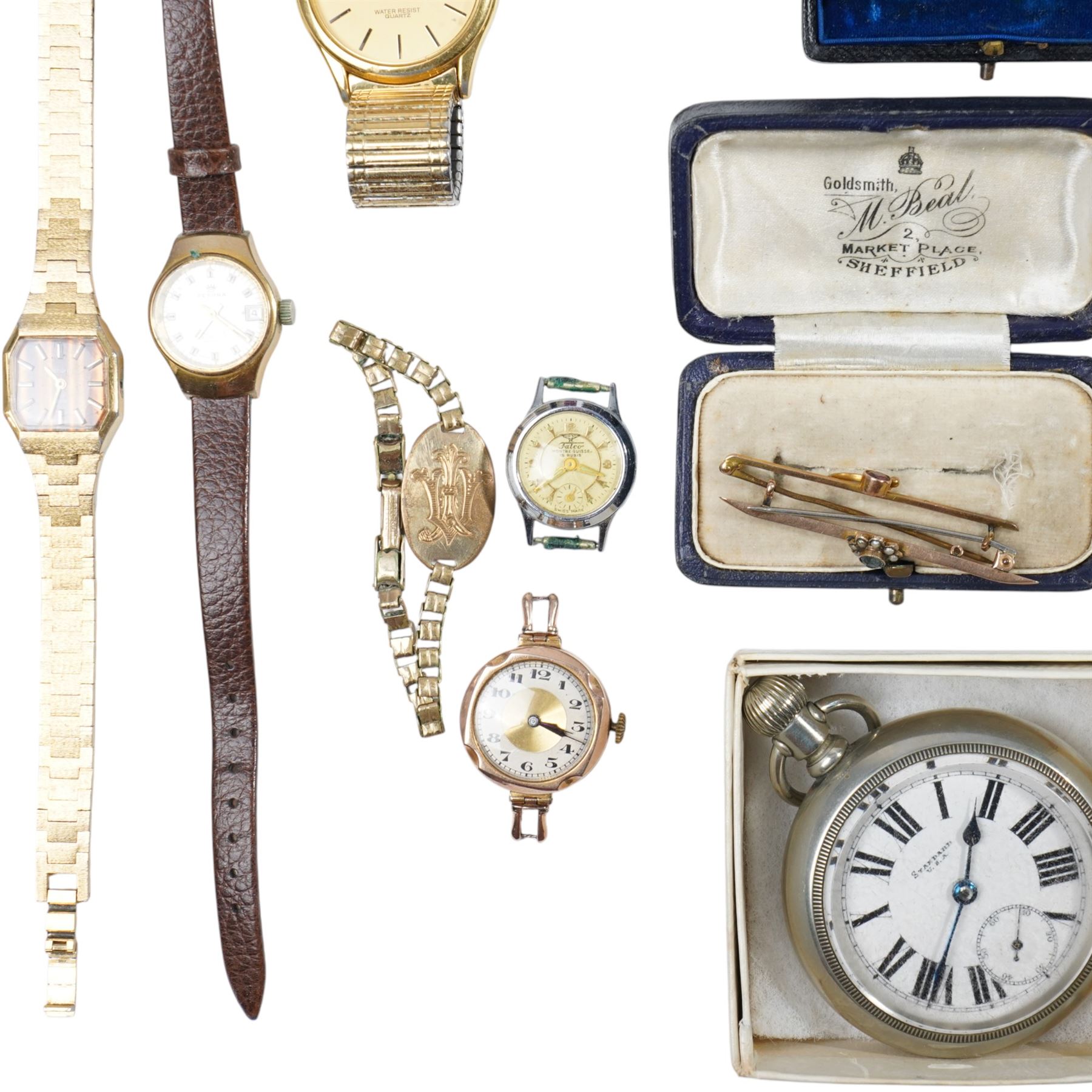 9ct gold stone set brooches, 9ct gold wristwatch, three pence coin bracelet with a French gold filled Virgin Mary medallion, Stratton marcasite set compact, gilt propelling pencil, various wrist watches, Standard U.S.A pocket watch etc 