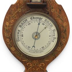 Edwardian mahogany barometer, shaped case with swan neck pediment and urn finial, satinwood inlaid floral and ribbon tied decoration, fitted with silvered thermometer scale over circular aneroid dial, signed W. Allen, Nottingham