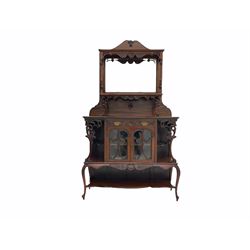 Late Victorian Empire style walnut mirror back sideboard, two glazed centre cupboards with drawer drawer