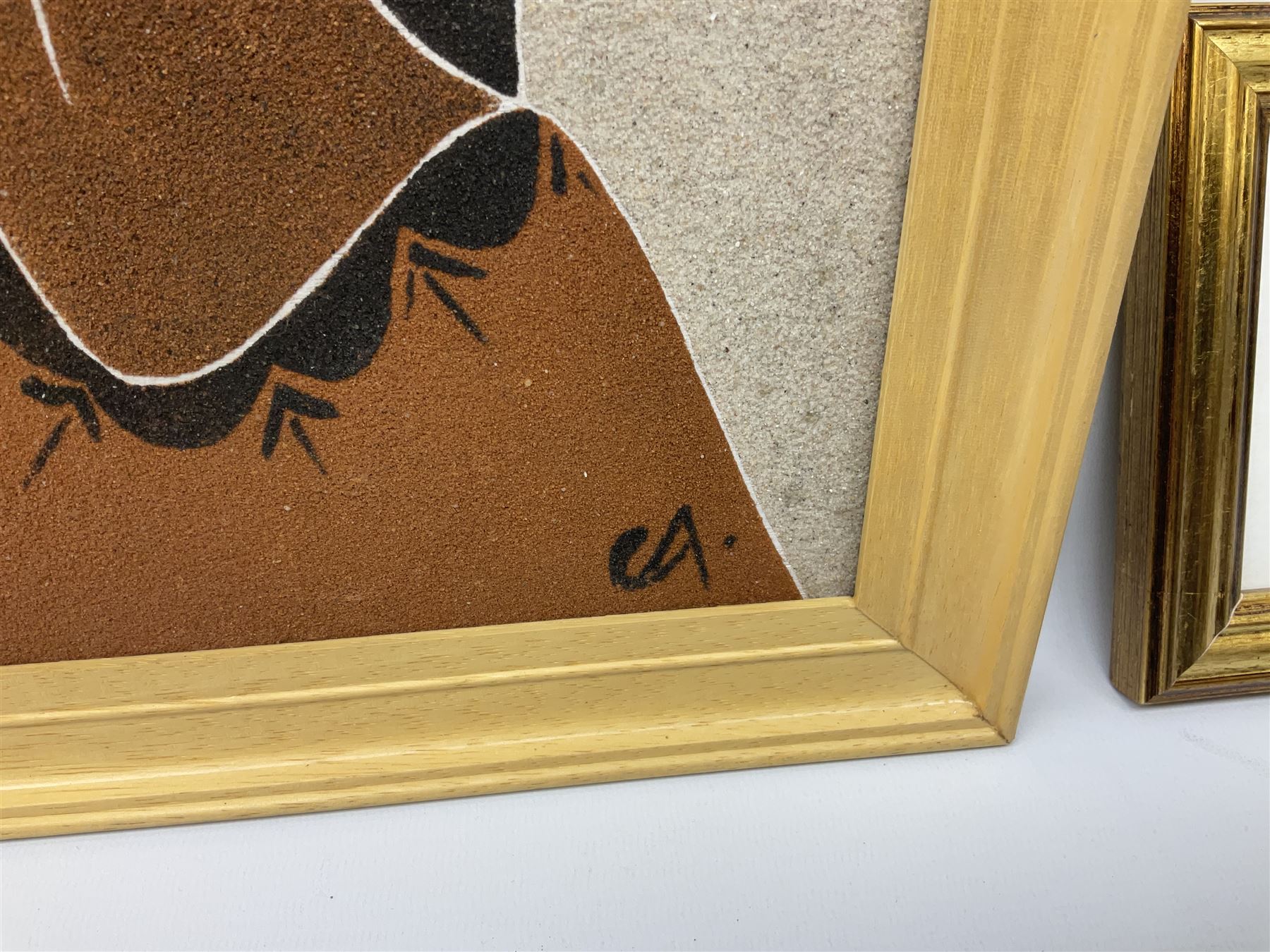 Jasur Orziev (20th century): Couple playing Sitar, miniature gouache signed; African School (20th century): Woman with Bowl on Head, sand on board signed CA together with another sand painting with hands on a globe inscribed Abaraka max 29cm x 23cm (3)