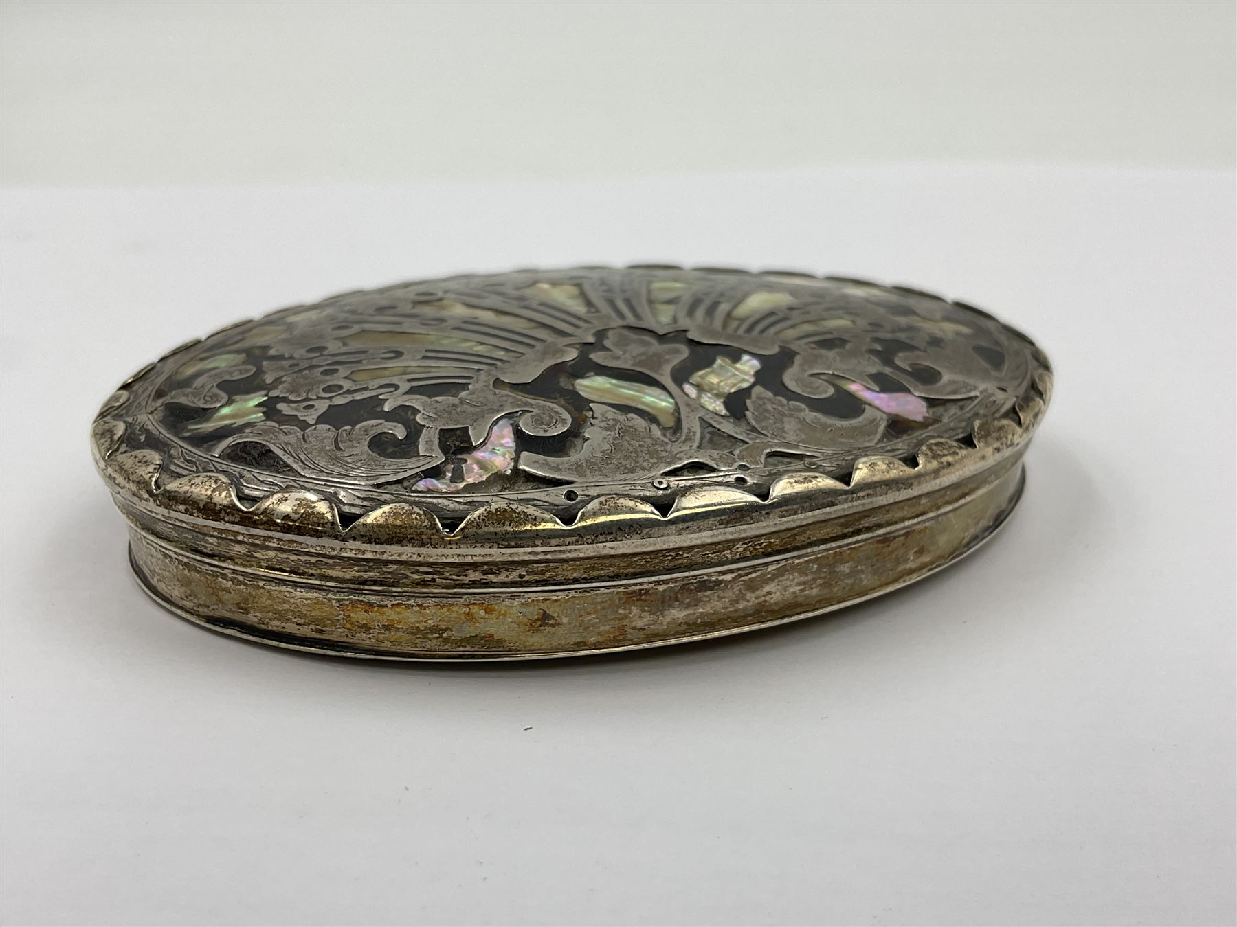 18th century silver plated oval snuff box with tortoiseshell lid inlaid with silver and mother of pearl 
