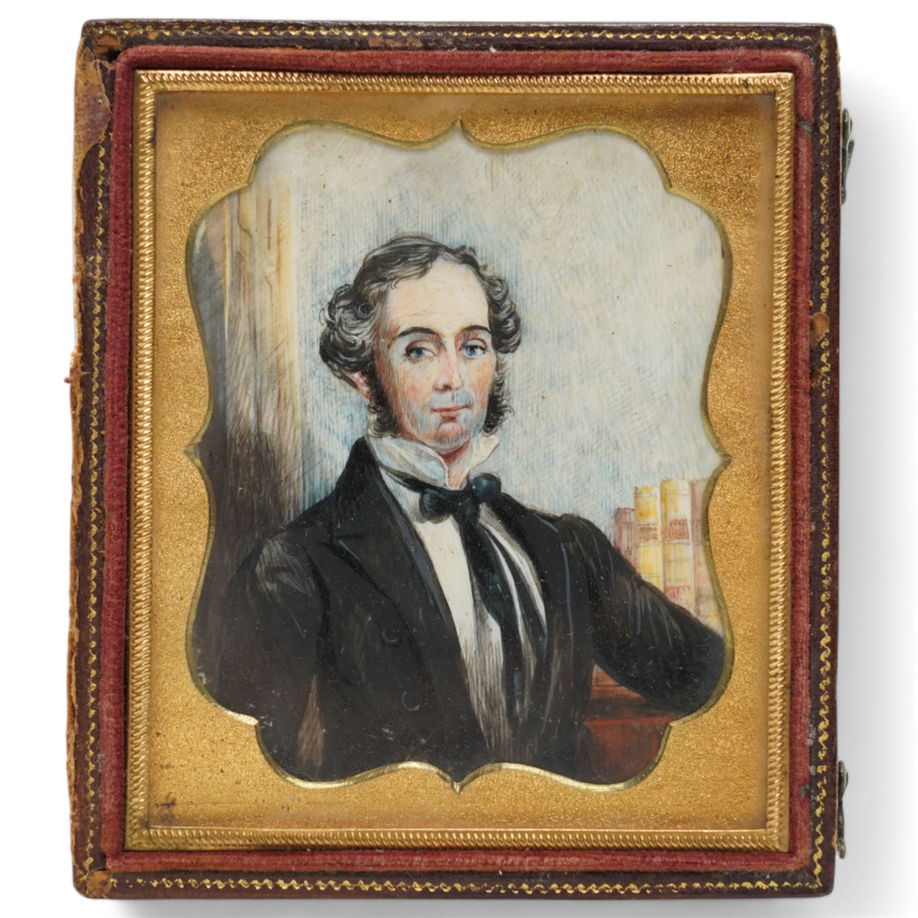 English School (19th Century): Gentleman in his Study, miniature watercolour on ivory unsigned, housed in leather case with embossed foliate decoration, case H9cm W8cm This item has been registered for sale under Section 10 of the APHA Ivory Act