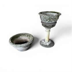 Large circular cast stone planter, and a small lattice planter on raised column