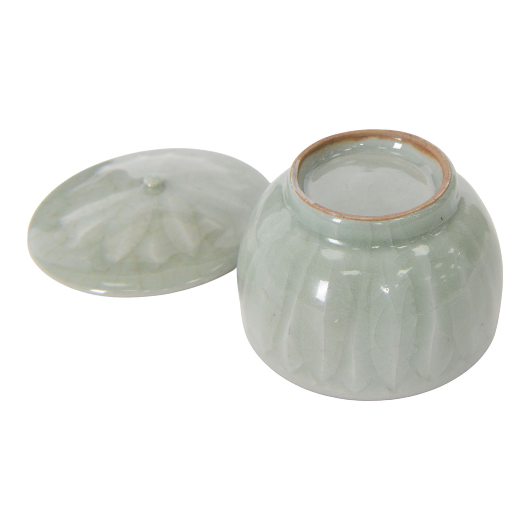 Celadon longquan lidded bowl with lotus decoration, together with another lidded jar with elephant finial, tallest H15cm 