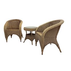 Conservatory suite - pair rattan tub armchairs (W60cm H82cm) and rattan circular side table with undertier (W50cm H55cm)