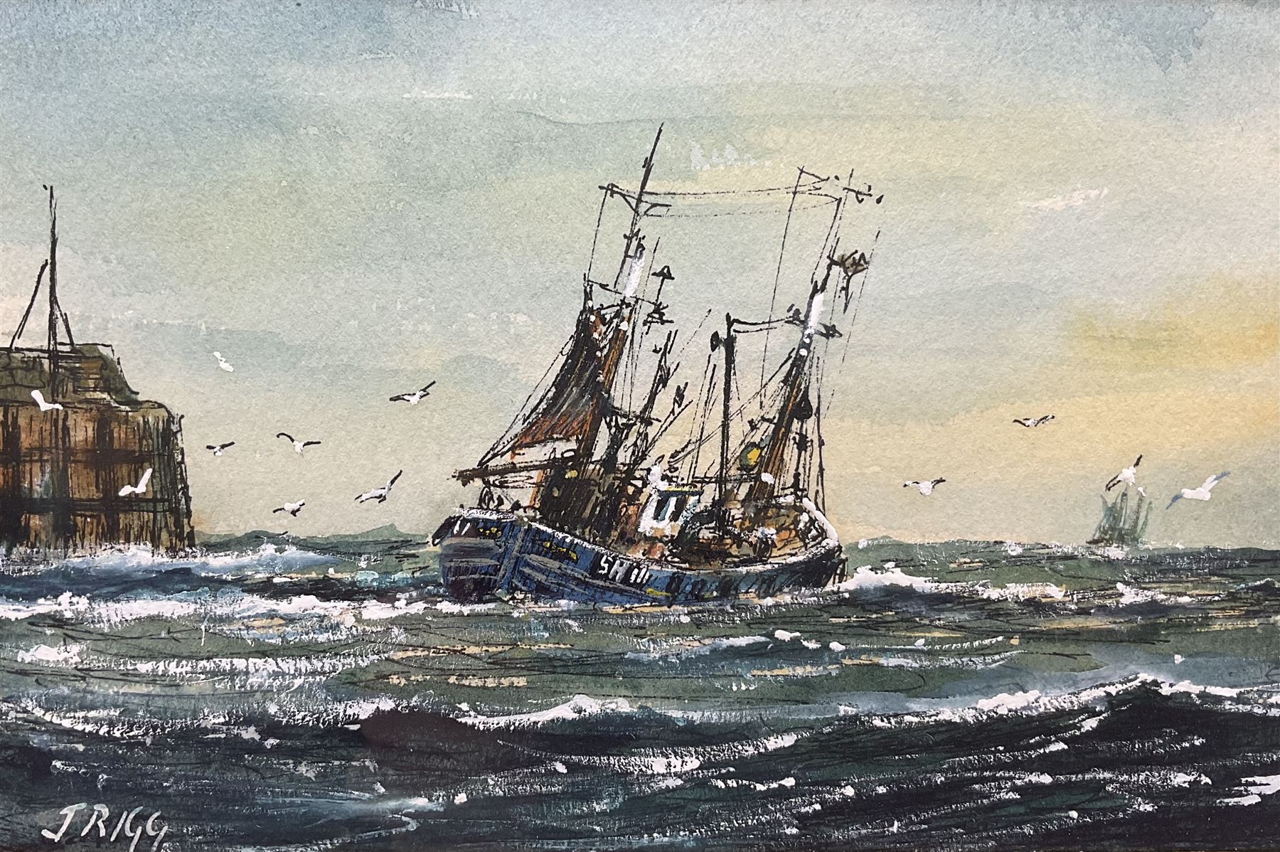 Jack Rigg (British 1927-2023): Scarborough Fishing Vessel Leaving the Harbour, watercolour signed 11cm x 17cm