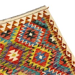 Chobi Kilim multi-coloured ground rug, overall geometric design with hooked border 