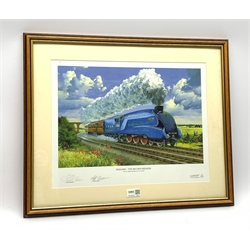 After Kevin Tweddell, limited edition print entitled 'Mallard - The Record Breaker' No.67/1950, signed on the mount by the artist, Fred Dibnah and Cliff Bray, 34 x 44cm, mahogany stained frame, in original delivery box