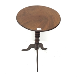  19th century tripod wine table, circular figured mahogany top on unusual fruitwood column, three splayed supports, D43cm, H72cm  